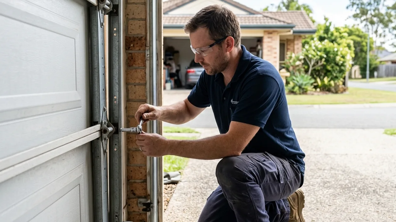 Garage door technician servicing a sectional door at a Brisbane home