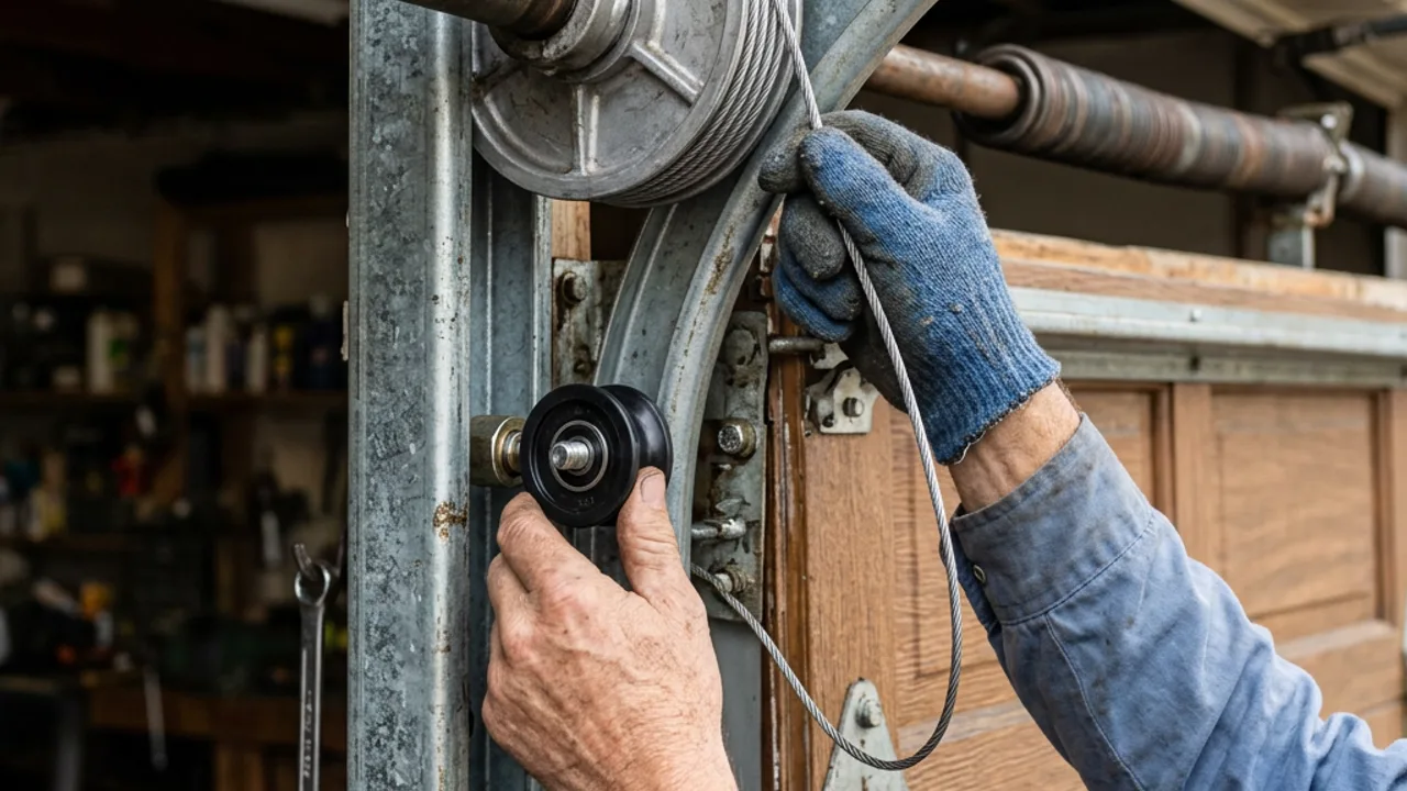 Garage door cable replacement and worn track roller renewal on a Brisbane door