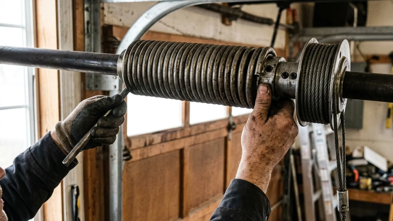 Garage door spring replacement being carried out on a Brisbane sectional door