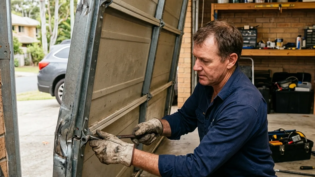 Off track garage door repair, re-railing a derailed sectional door in Brisbane