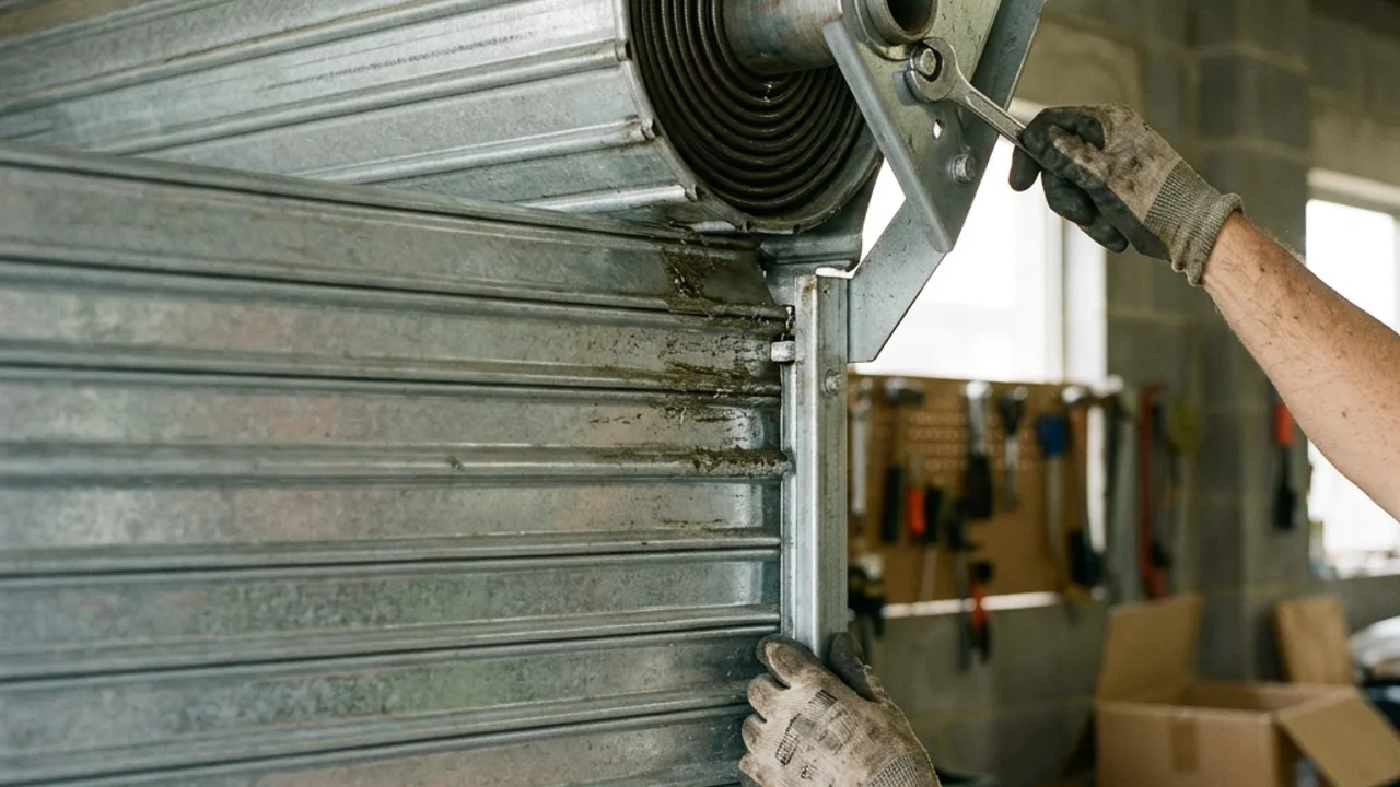 Roller door repairs servicing the curtain and barrel on a Brisbane garage